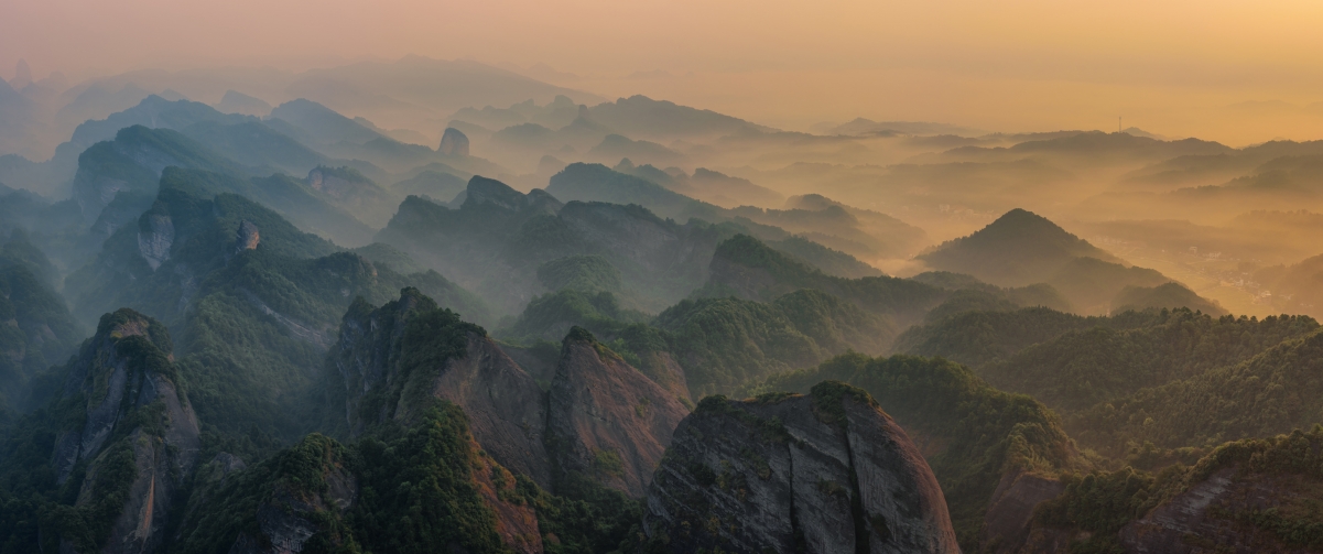 湖南日出连绵山脉全景自然美3440x1440风景壁纸