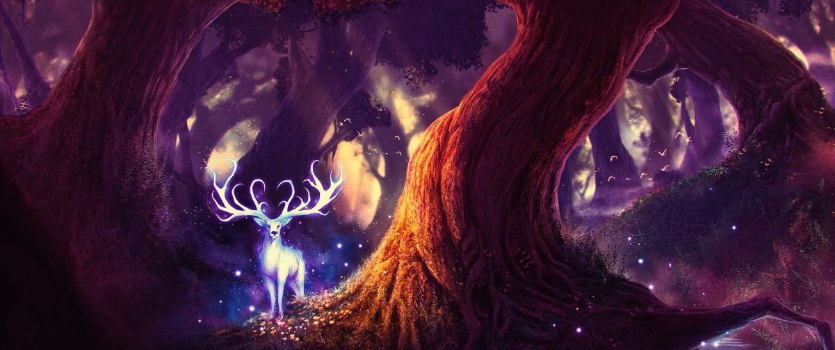 黑暗森林 鹿 幻想艺术 唯美意境3440x1440壁纸