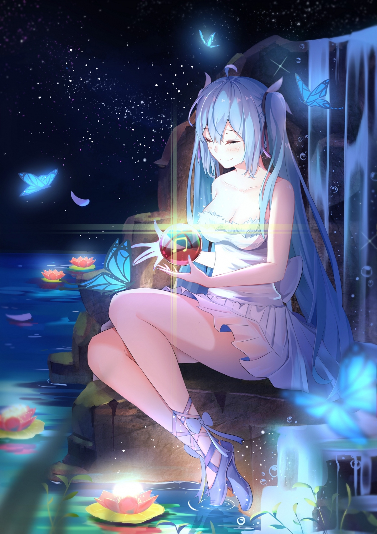 初音未来VOCALOID 女孩子 星空 星河 荷花 手机壁纸