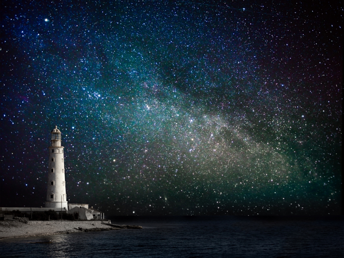 海岸 灯塔 夜空 星空 4K风景壁纸