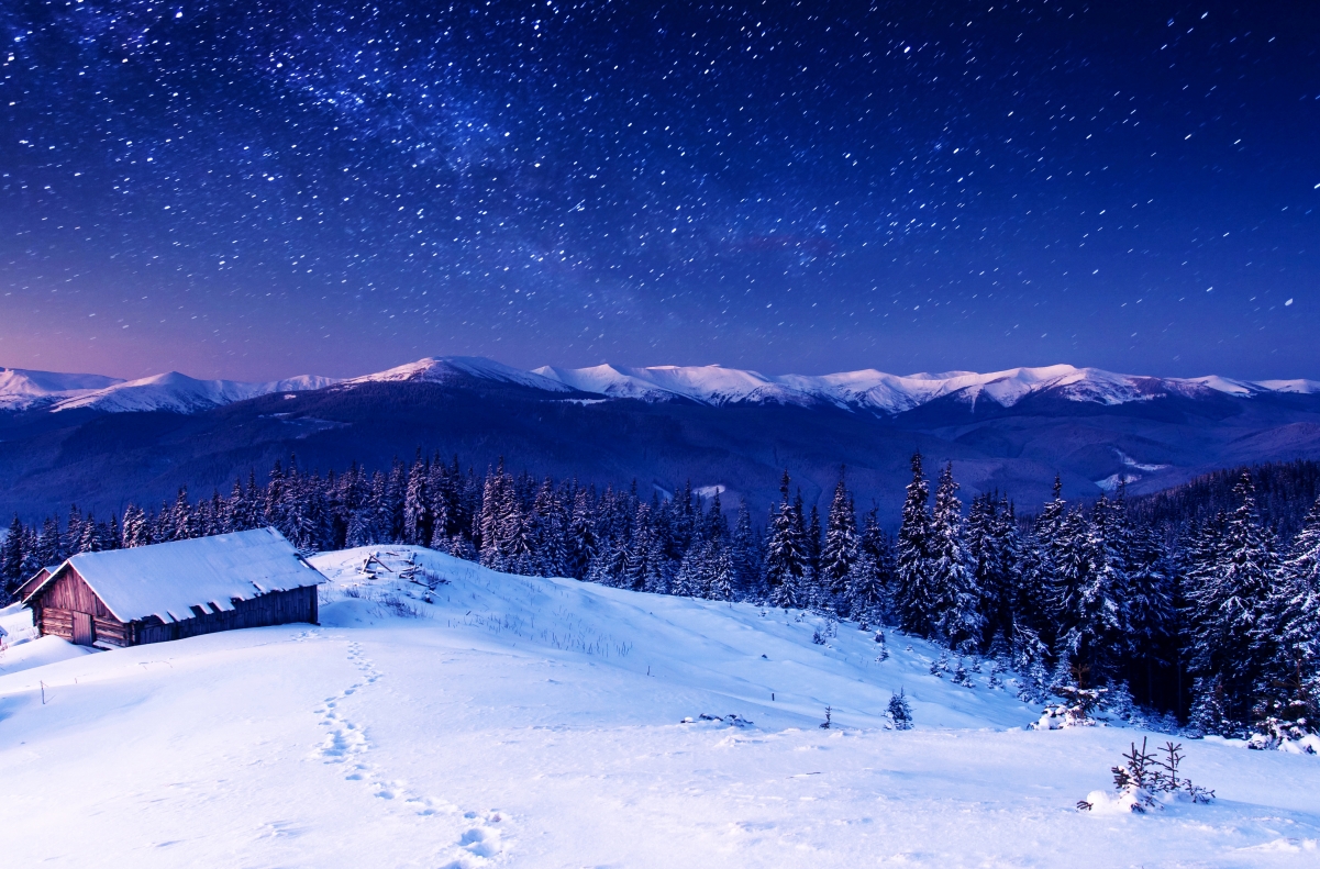 冬季 森林 天空 雪 树木 山 房屋 4K风景壁纸