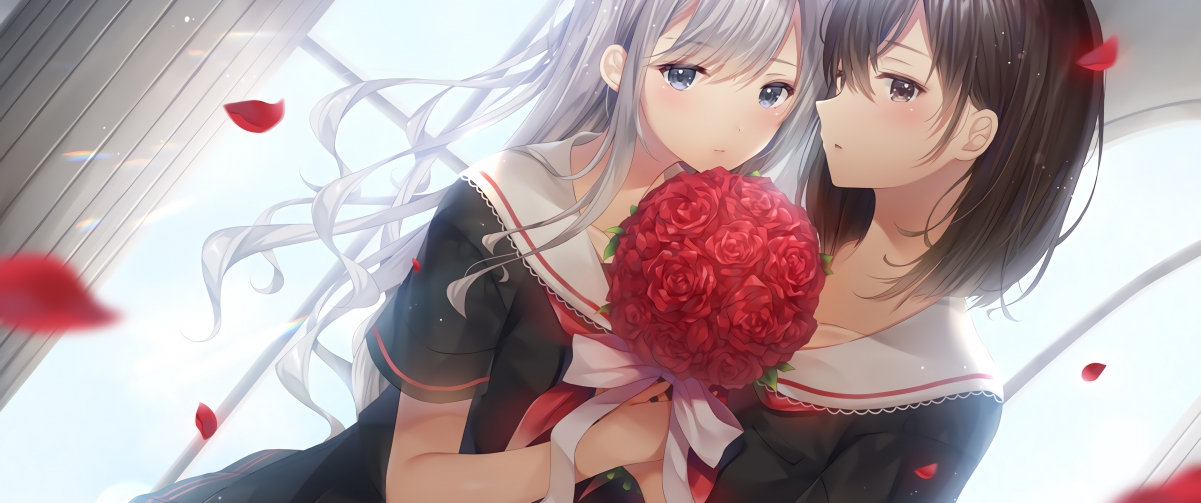 红色百合花 女孩相爱 唯美好看3440x1440动漫壁纸