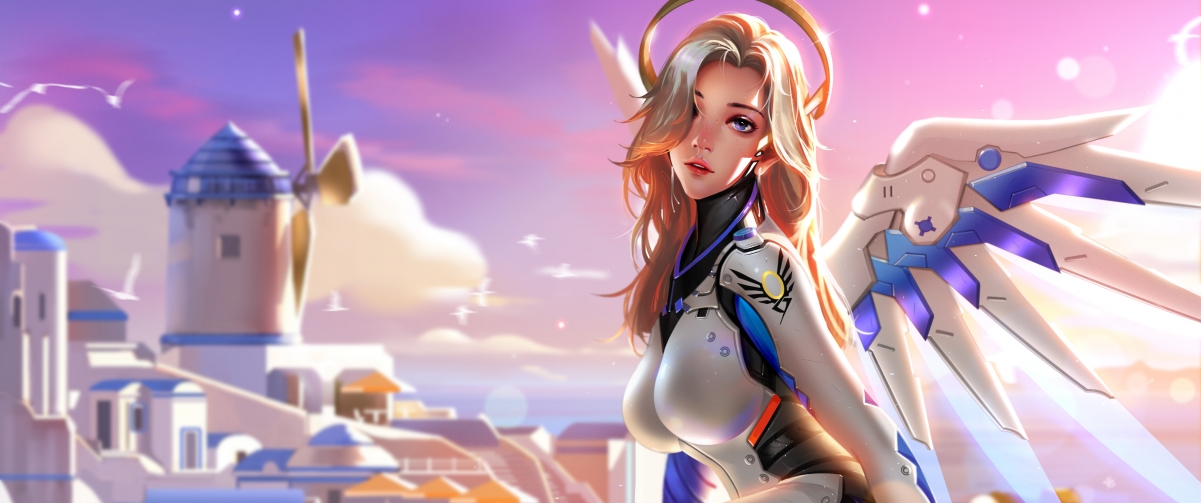 守望先锋mercy美女英雄天使3440x1440壁纸