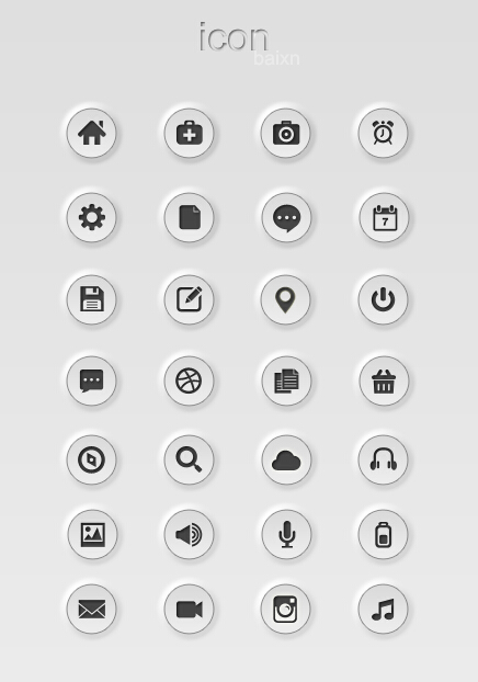 28个圆形灰色的手机界面图标工具包psd素材下载