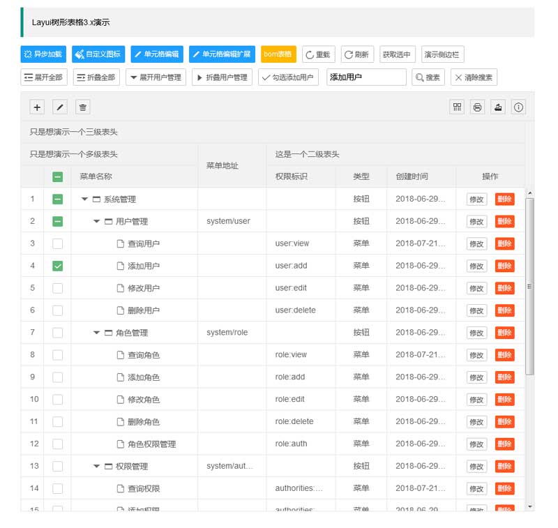 Layui树形表格内容修改演示