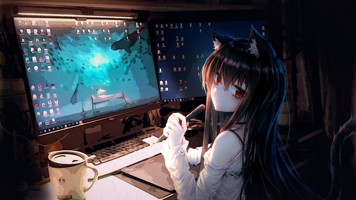 二次元美少女 红色眼睛 猫耳 萌 电脑 画画 4k动漫壁纸