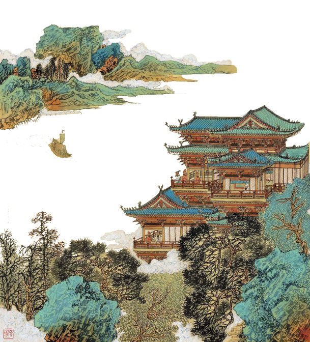 绢本设色滕王阁风景画