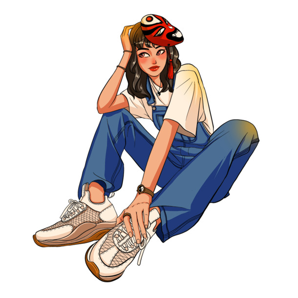 坐着的面具女孩