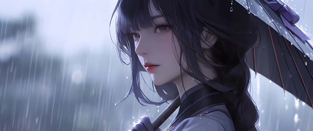 漂亮动漫美女 长发 伞 雨天 3440x1440带鱼屏壁纸