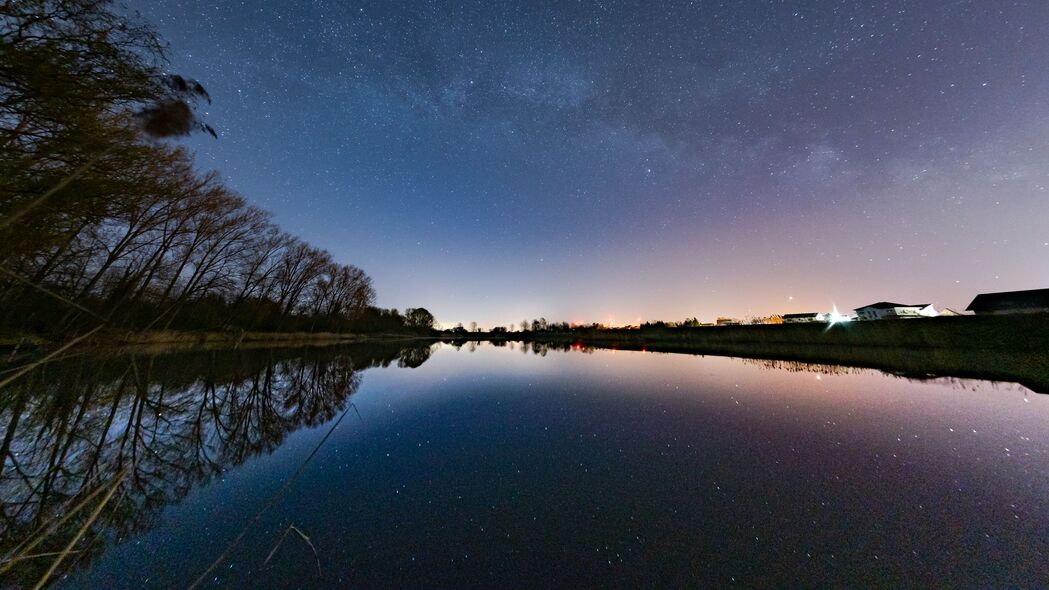 3840x2160 湖泊 树木 剪影 夜晚 星空壁纸 背景4k uhd 16:9