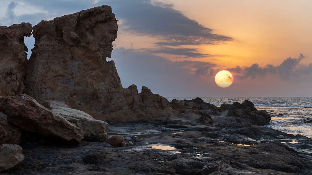 3840x2160 日落 大海 岩石 太阳 夏天 风景壁纸 背景4k uhd 16:9