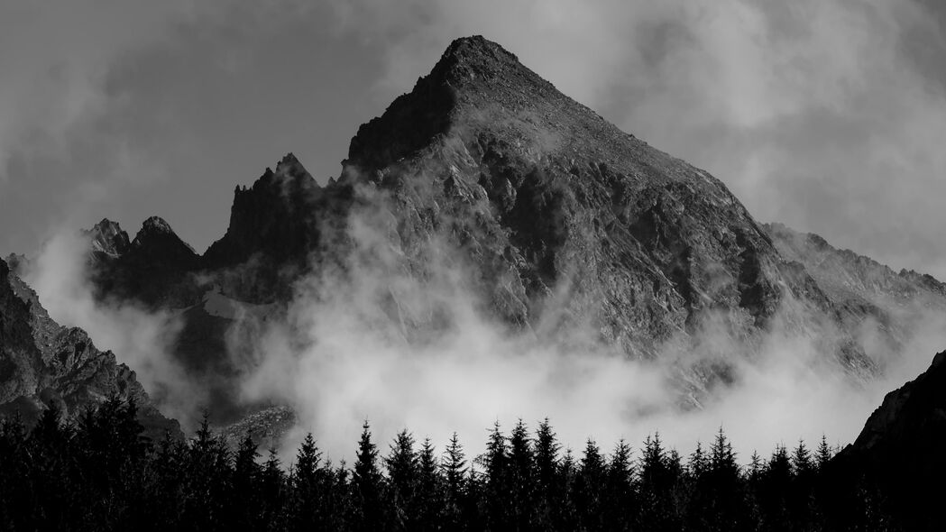 3840x2160 山 雾 树 黑白壁纸 背景4k uhd 16:9