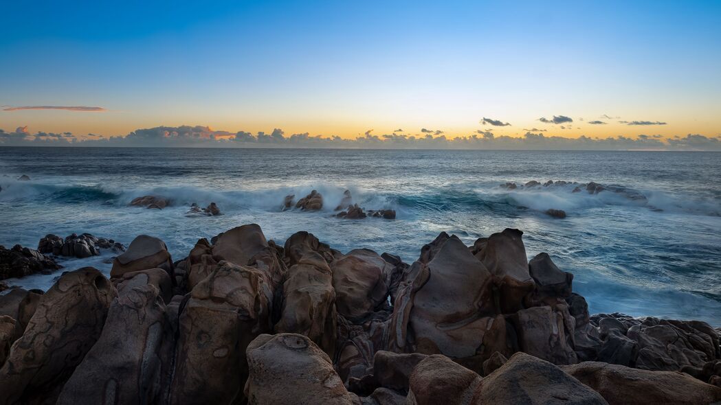 3840x2160 石头 大海 波浪 地平线 自然 日落壁纸 背景4k uhd 16:9