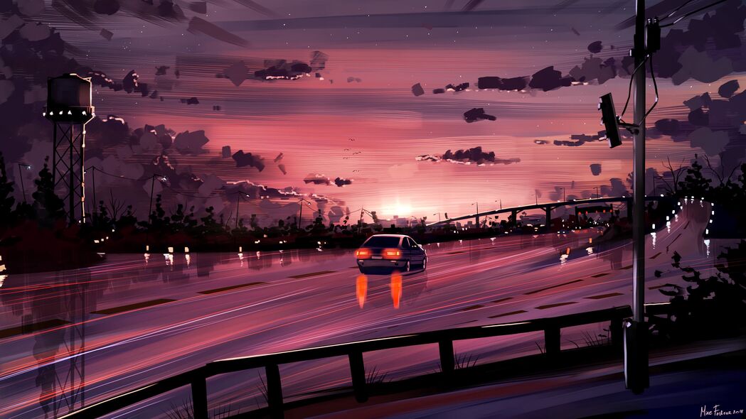 3840x2160 汽车 道路 日落 反射 艺术 紫色壁纸 背景