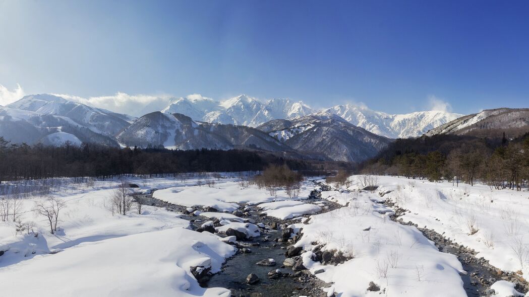 3840x2160 山脉 雪 冬天 溪流 风景 4k壁纸 uhd 16:9