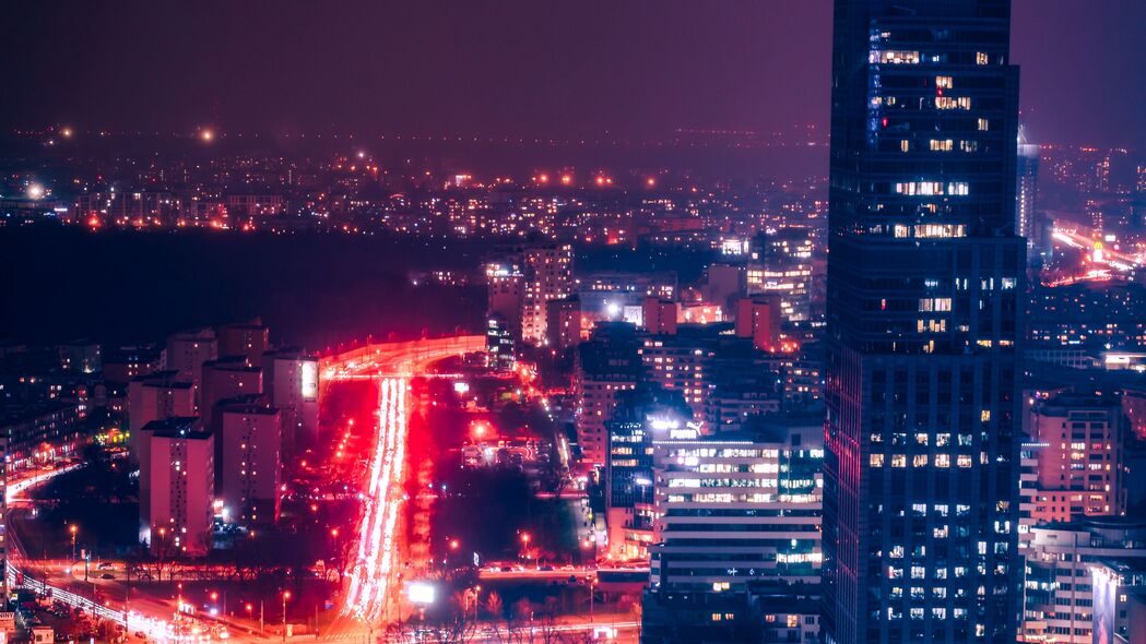 3840x2160 夜城 鸟瞰图 建筑 道路 灯光 深色 4k壁纸 uhd 16:9