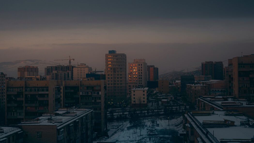 3840x2160 城市 建筑物 鸟瞰图 黄昏 雪 冬季 4k壁纸 uhd 16:9