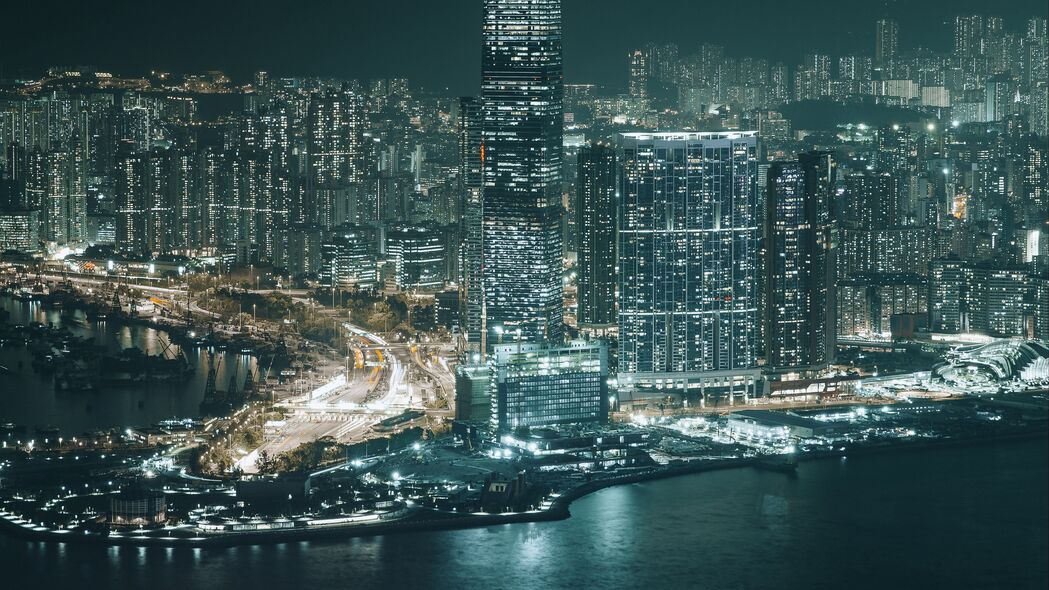 3840x2160 夜城 鸟瞰图 建筑物 河流 香港 4k壁纸 uhd 16:9