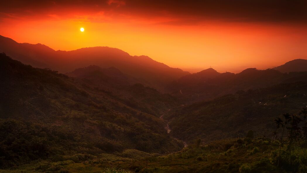 3840x2160 太阳 山丘 灌木 日落 4k壁纸 uhd 16:9