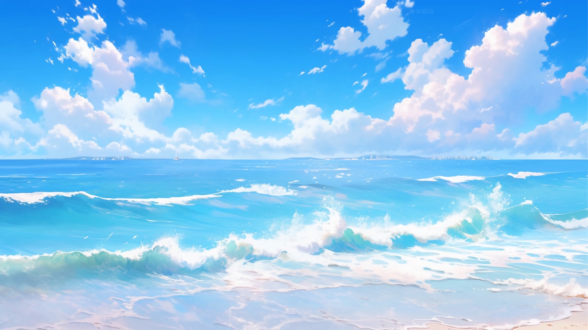 清新 蓝天白云 大海 海浪 沙滩风景4K风景壁纸
