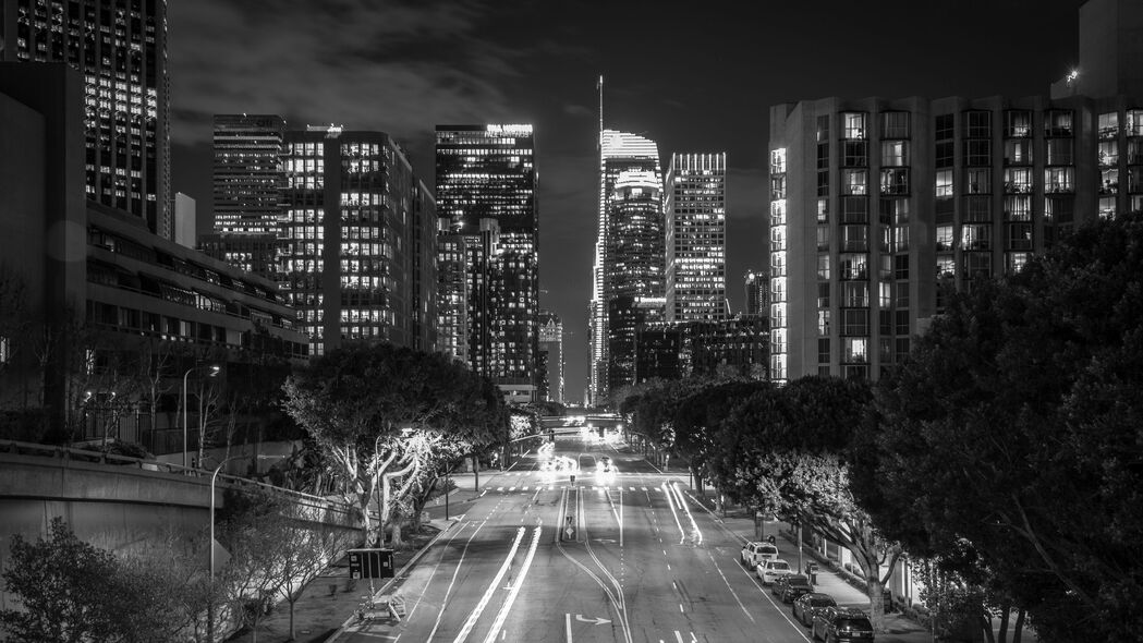 3840x2160 夜城 长曝光 bw 城市灯光 道路 建筑 洛杉矶 加利福尼亚 4k壁纸 uhd 16:9