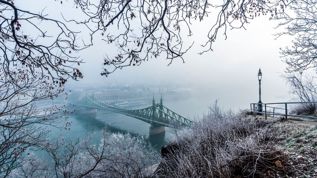 3840x2160 桥 雾 鸟瞰图 树枝 霜 雪 冬天 布达佩斯 匈牙利 4k壁纸 uhd 16:9