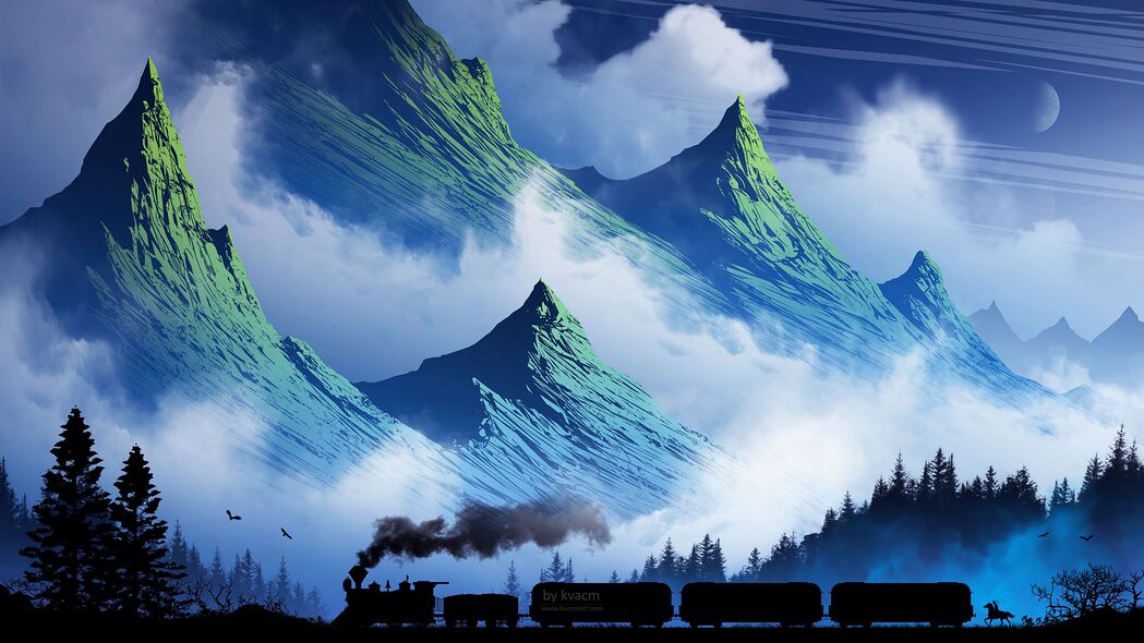 3840x2160 火车 山脉 艺术 雾 烟雾壁纸 背景