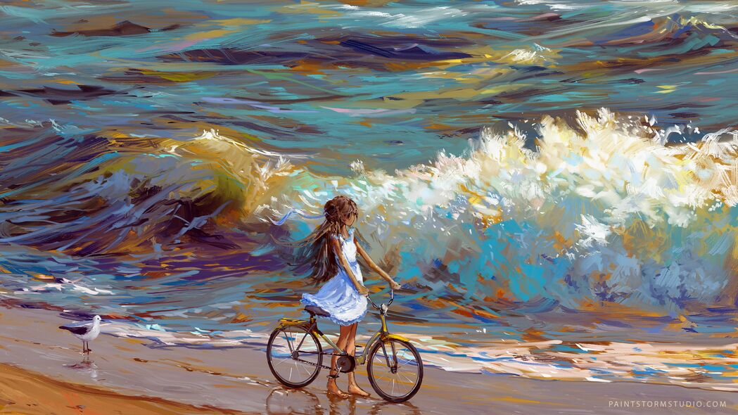 3840x2160 自行车 自行车 儿童 艺术 海洋 海岸 4k壁纸 uhd 16:9