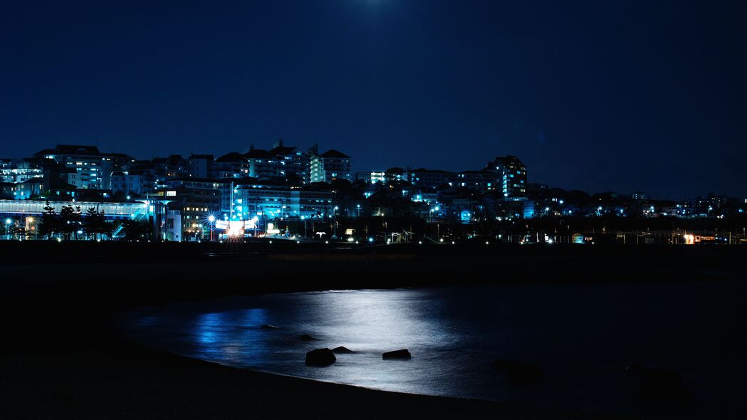 3840x2160 夜城 夜 建筑 大海 海岸 4k壁纸 uhd 16:9