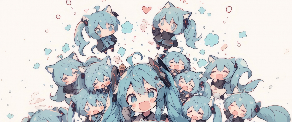 可爱的初音未来和小初音未来宝宝们3440*1440带鱼屏壁纸