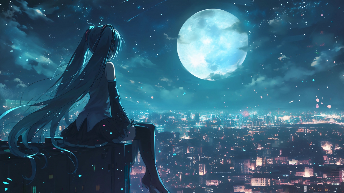 初音未来 赏月 星空 4k壁纸 3840*2160