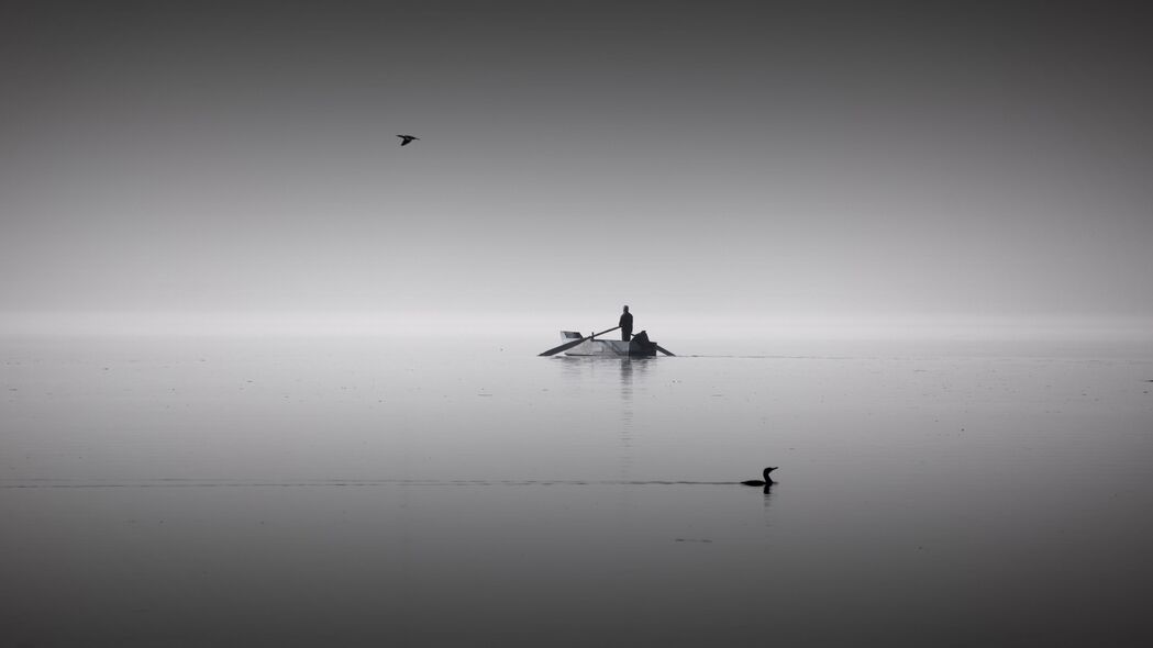 湖 船 平静 地平线 沉默 人 鸟 bw 4k壁纸 3840x2160