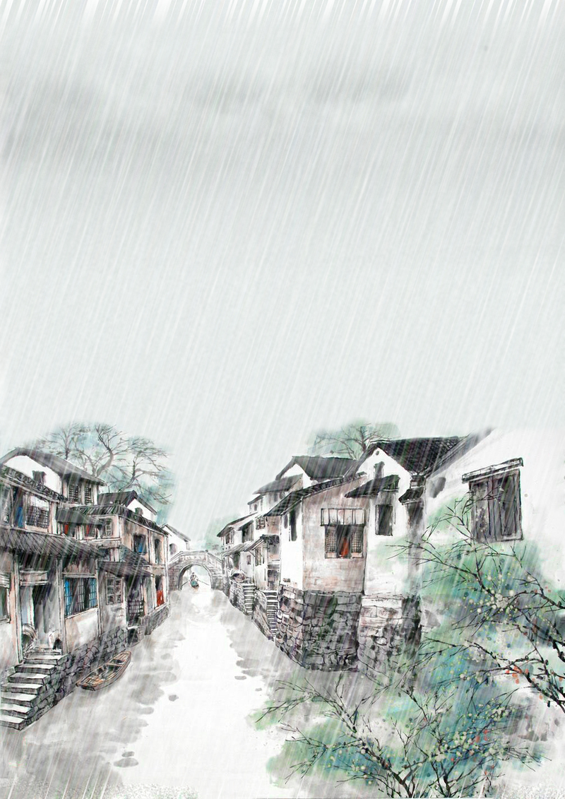 江南小镇雨天背景素材