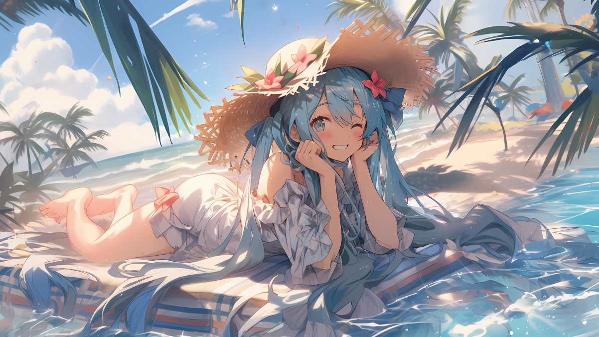 海边 女孩 初音 帽子 4K动漫壁纸3840x2160