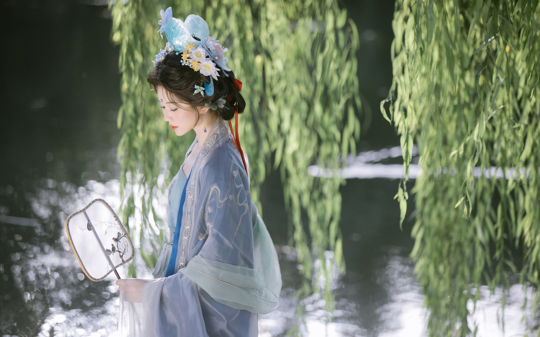 杨柳树 汉服美女 竹大宝 4K壁纸 3840x2400