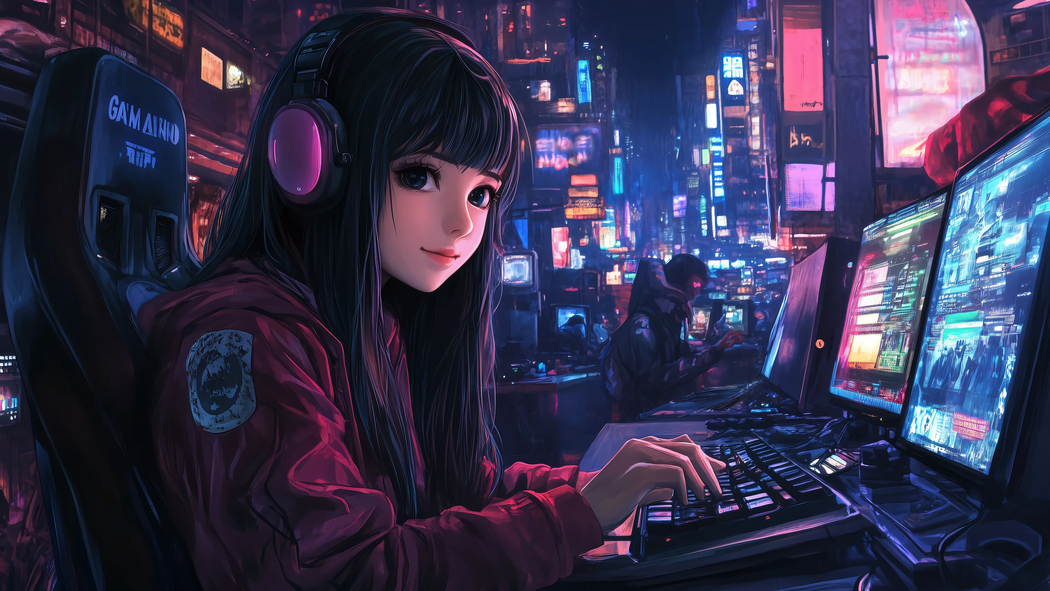 女孩 电脑 赛博朋克 4K壁纸 3840x2160