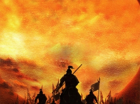中国风战场将军骑马剪影红尘滚滚红色天空