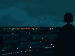 夜晚天空 城市灯光 动漫女孩 背影 眺望远方 5K壁纸