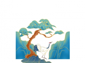 中国风装饰松树仙鹤远山插画