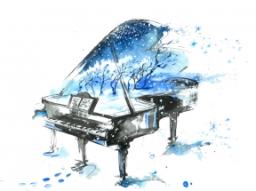 蓝色水墨艺术钢琴插画
